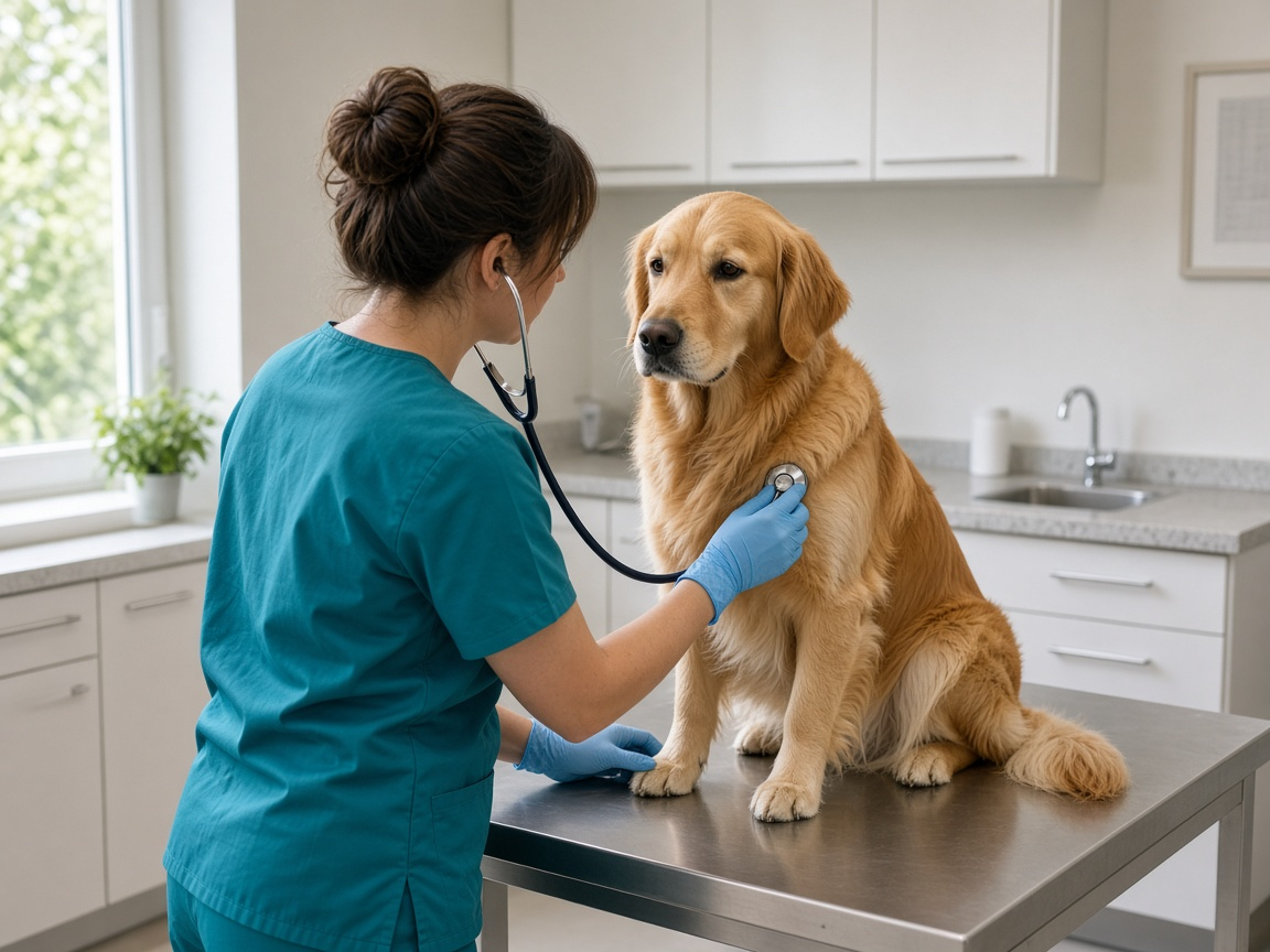 Exam table with a dog and a clinician in the room