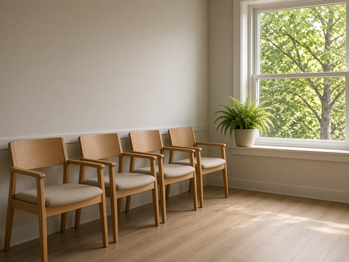 Empty chairs and a window in the waiting room