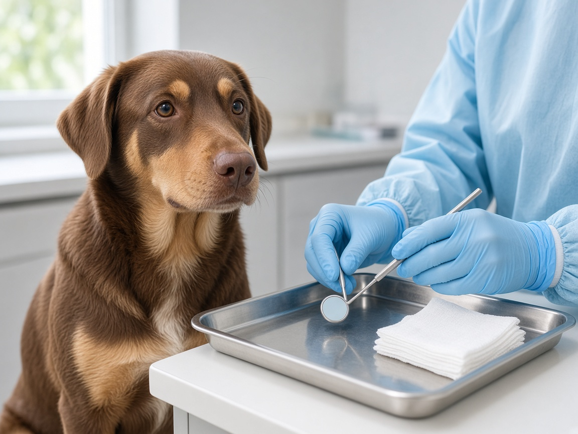 Dental tools beside a calm dog in the clinic